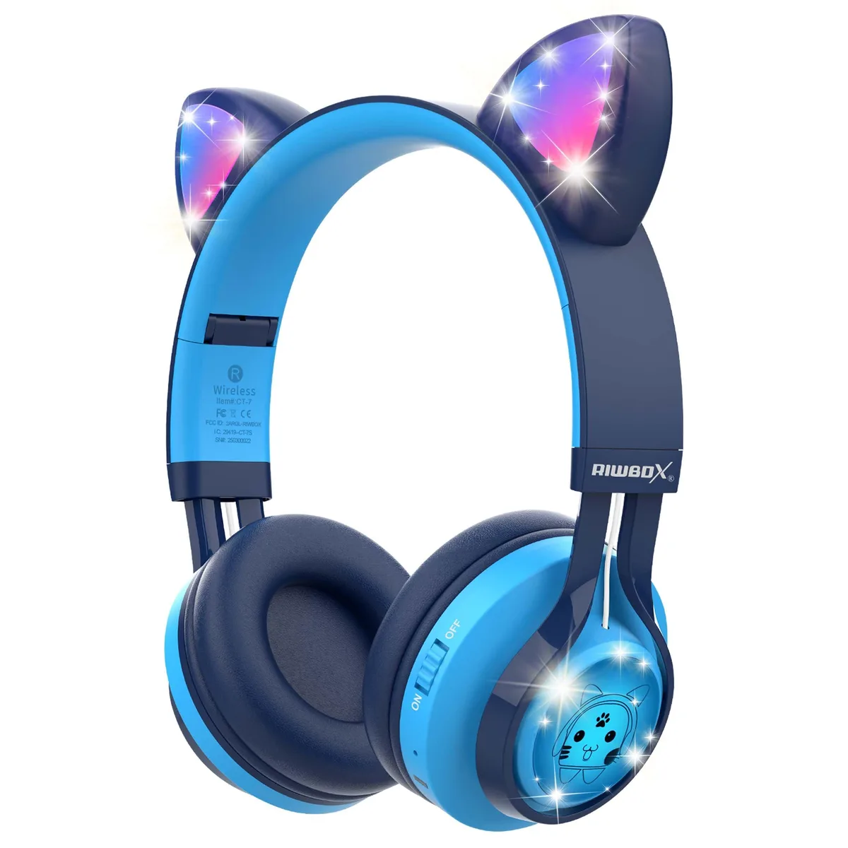 Riwbox CT-7 Cat Ear Bluetooth Headphones Blue 40mm 60h 180g — product photo