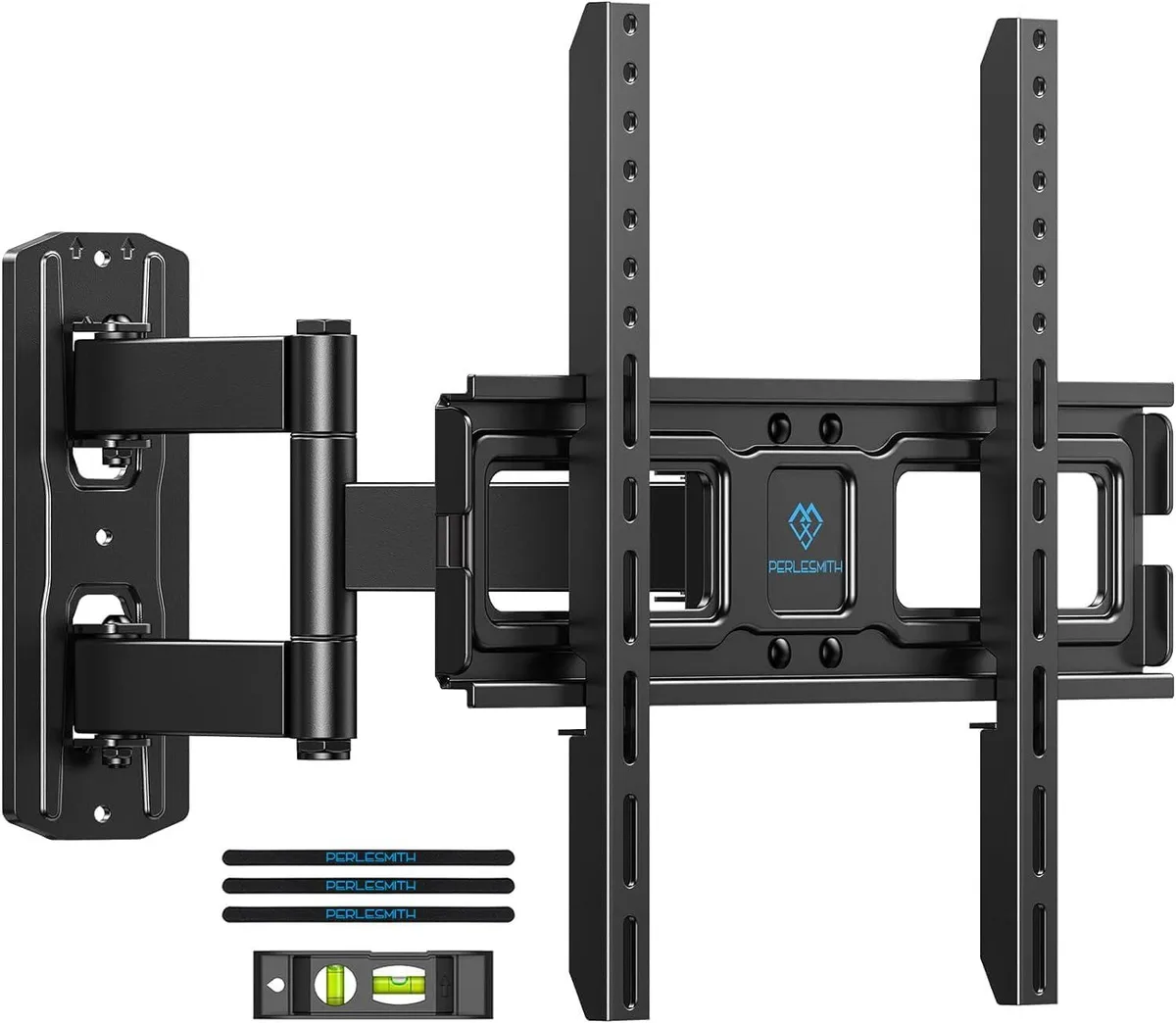 Black steel full-motion TV wall mount with articulated arm extended, showing tilt and swivel joints
