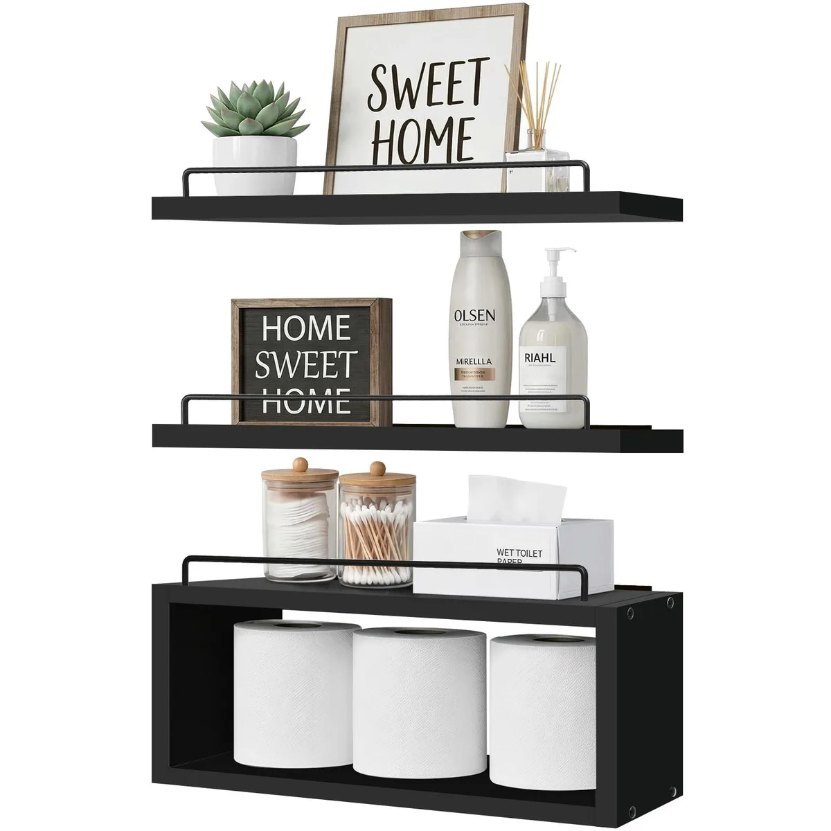 Set of three black floating shelves with one cube unit and metal rails