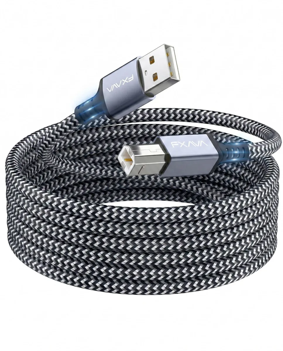 Black and silver-white nylon braided USB 2.0 Type A to B cable, 25 ft long