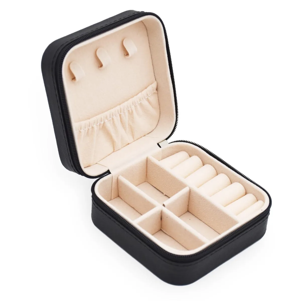 Black leather mini jewelry box with zip closure, 10 x 10 x 5 cm