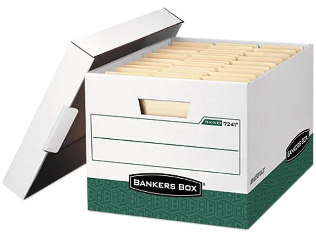 Bankers Box Bankers Box 07241 R-Kive Max Storage Box Letter/Legal Locking Lid White/Green 12/Carton 850 lb stacking weight — product photo
