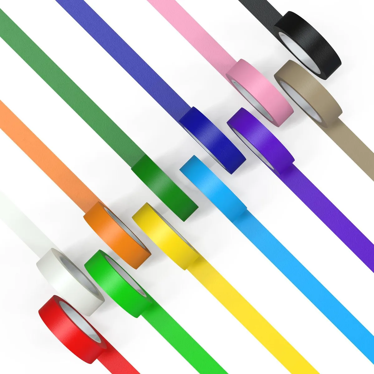 Twelve rolls of coloured masking tape in assorted hues, each 17 mm wide and 13 m long