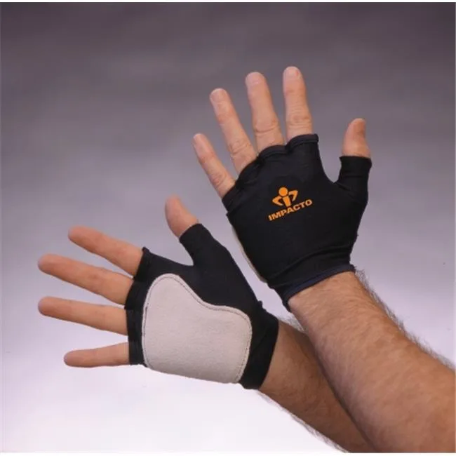 Pair of blue fingerless medium gloves with suede leather palms and nylon backs