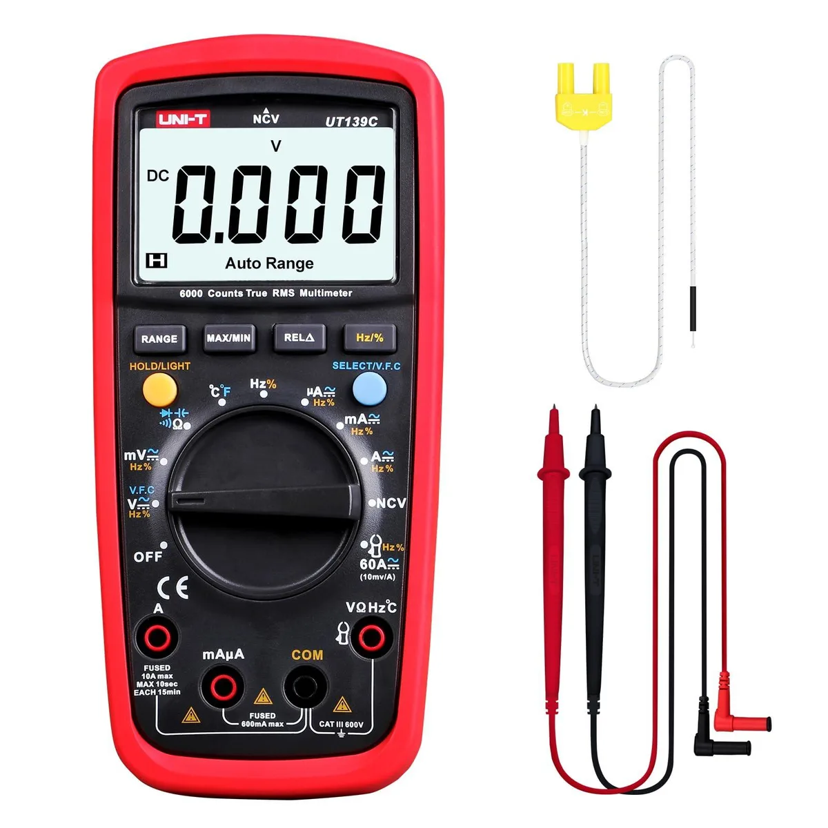 Yellow digital multimeter with rubberised cover, LCD display and test leads