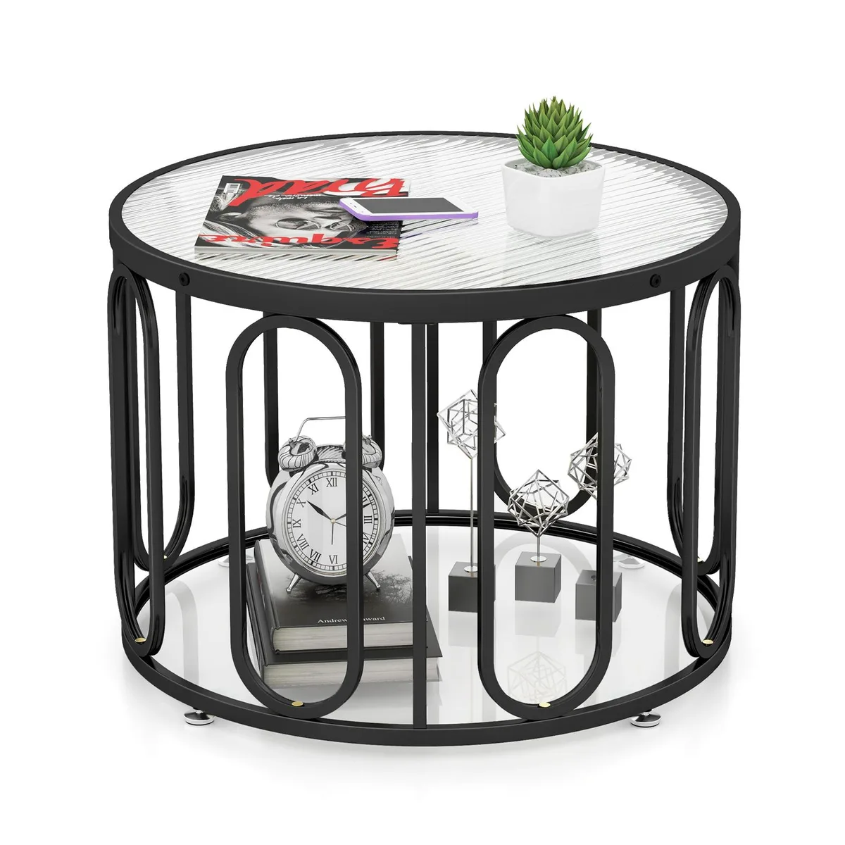 SlickBlue SlickBlue 24" Round Coffee Table Black Reeded Tempered Glass Oval Swivel Brackets — product photo