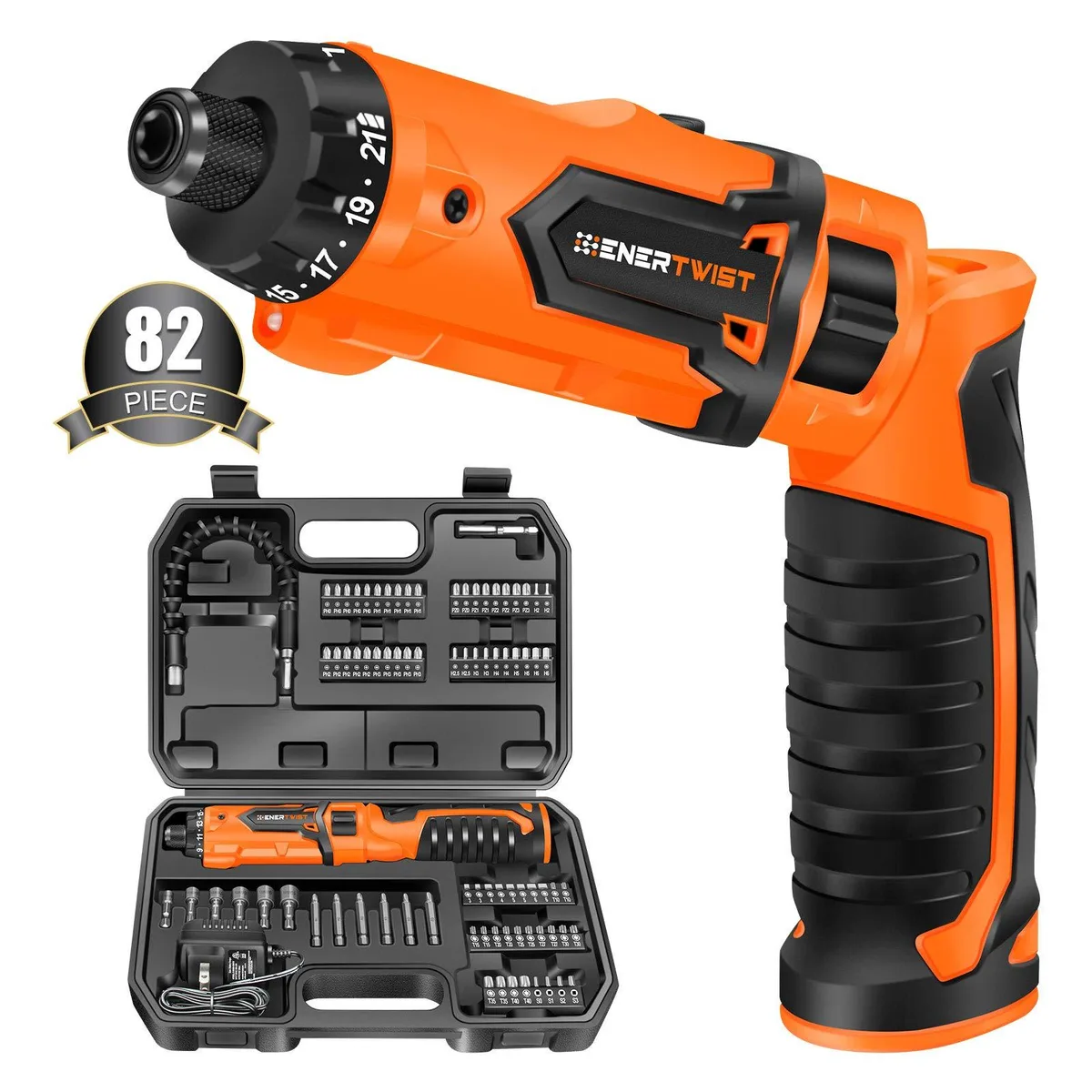 Orange cordless screwdriver with dual-position handle and 82-piece accessory set in carrying case