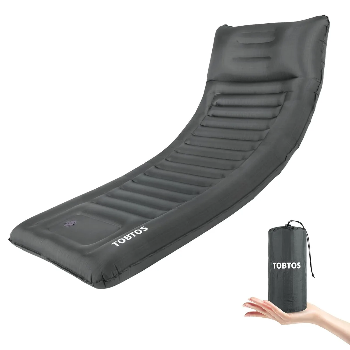Grey inflatable sleeping pad, 75 by 28 inches, 6.0 inches thick with built-in pillow and foot pump