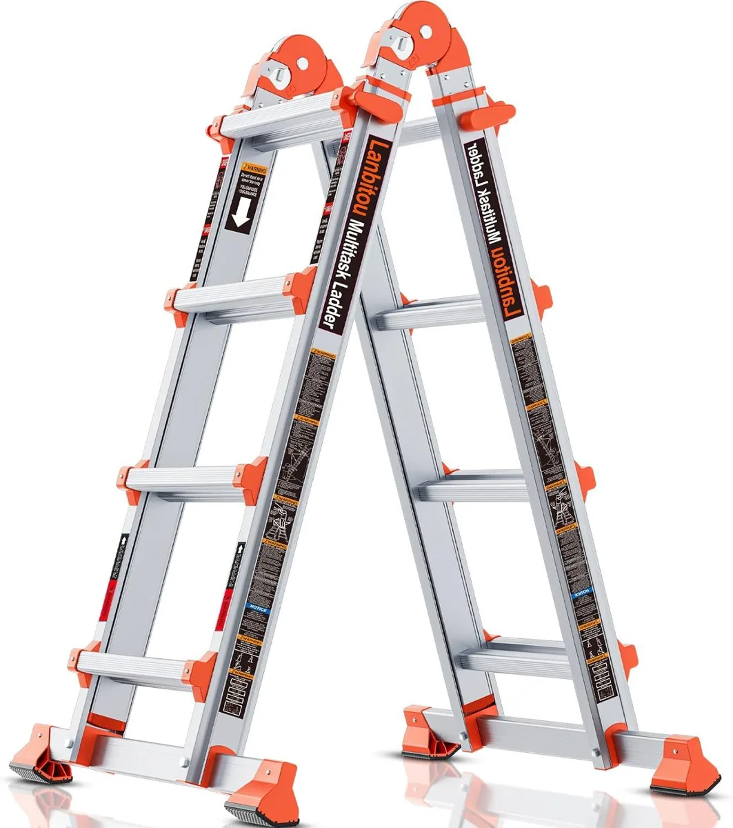 Silver aluminium multi-position ladder folded for storage