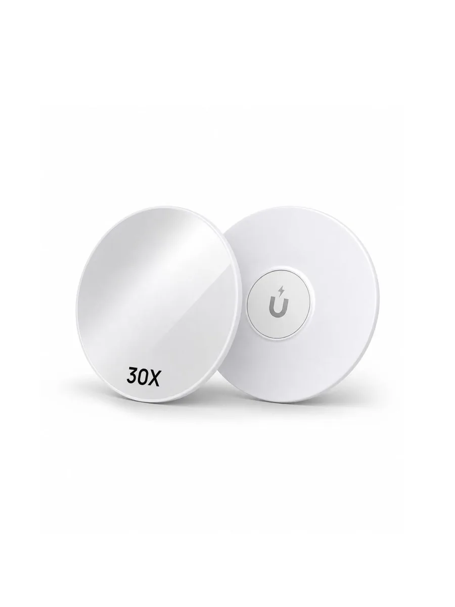 Round white plastic mirror, three inches diameter, magnetic back