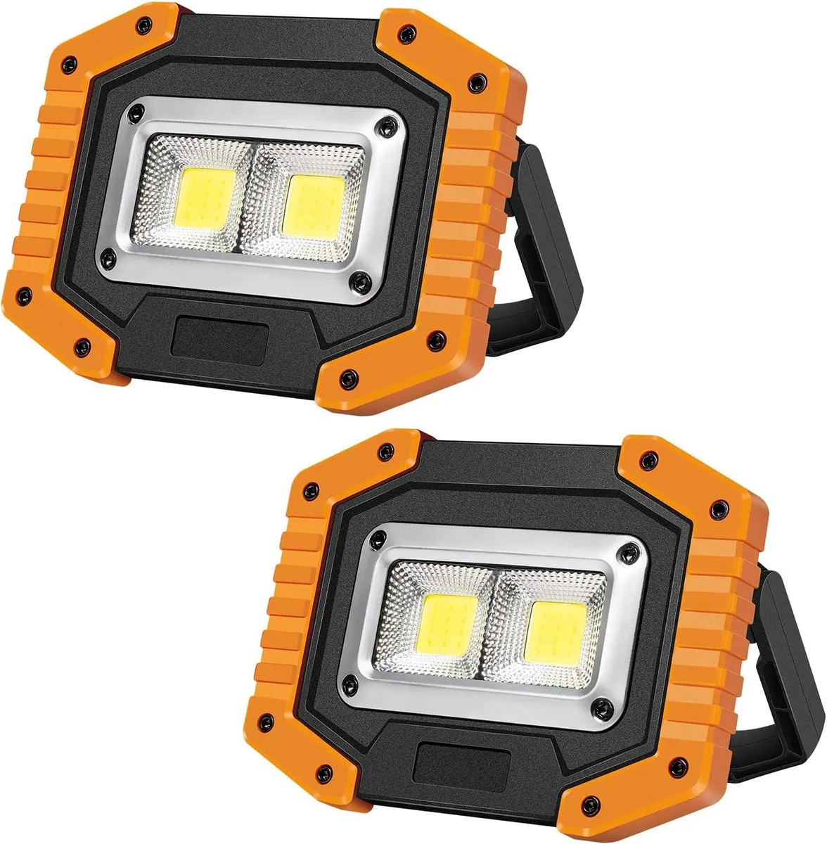 Two black plastic rectangular flood lights with foldable handles and magnetic bases