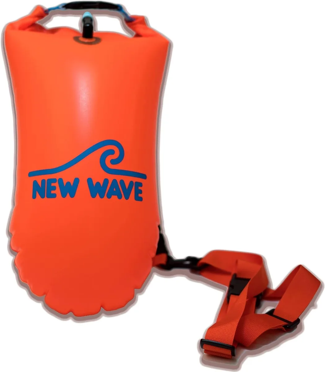 Bright orange inflatable swim buoy with waist strap, 10 oz weight