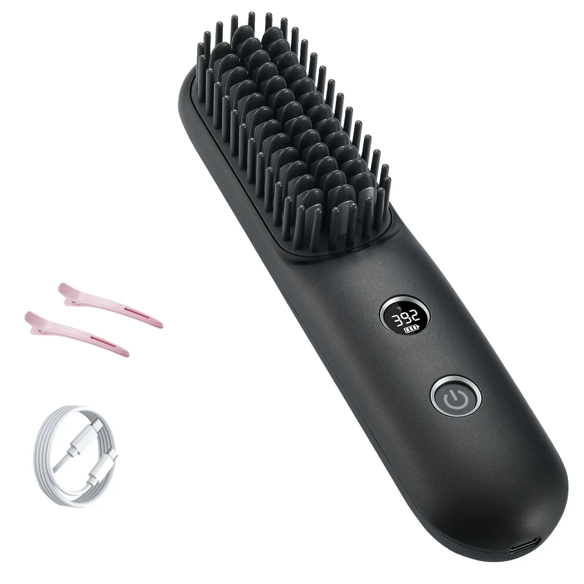 Black cordless 2-in-1 hair straightener and curler with LCD screen, foldable design