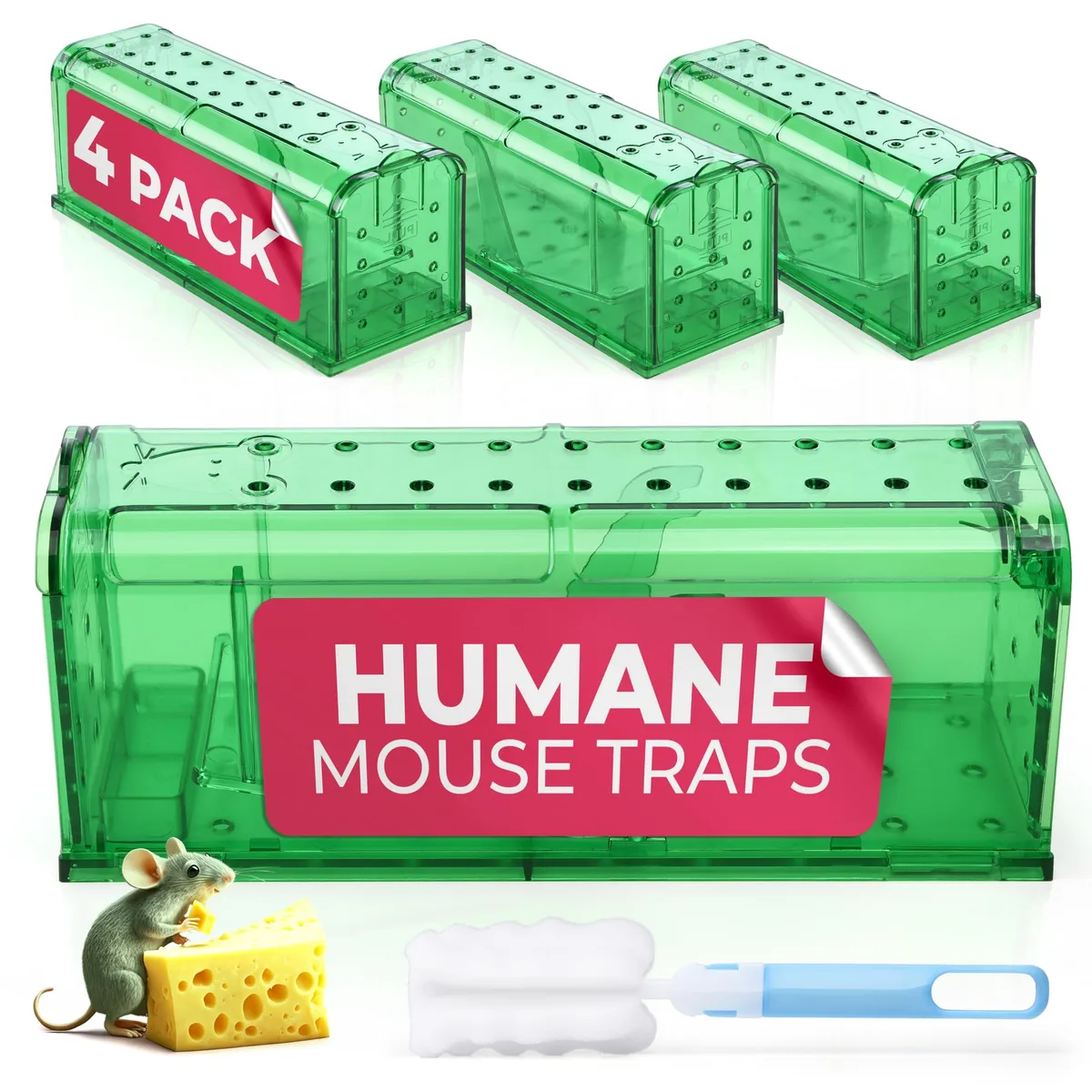 Four teal plastic live-catch mouse traps with spring doors and a small cleaning brush