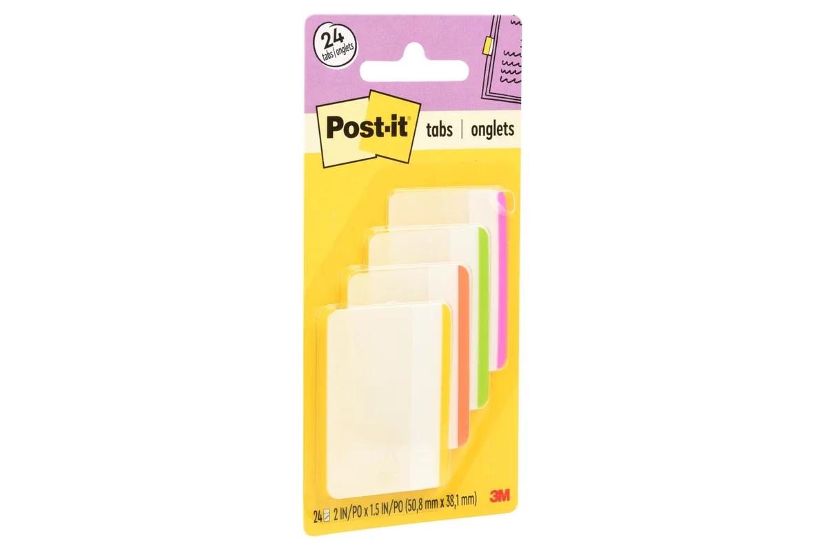 Four pads of small rectangular sticky tabs in green pink yellow and orange
