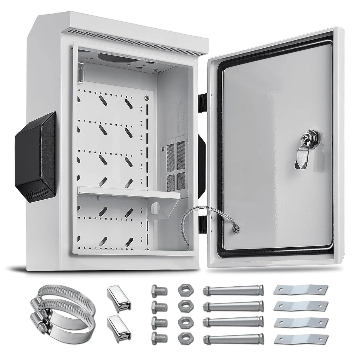 Rectangular grey steel electrical box with louvered vents and sealed door, wall or pole mount brackets visible