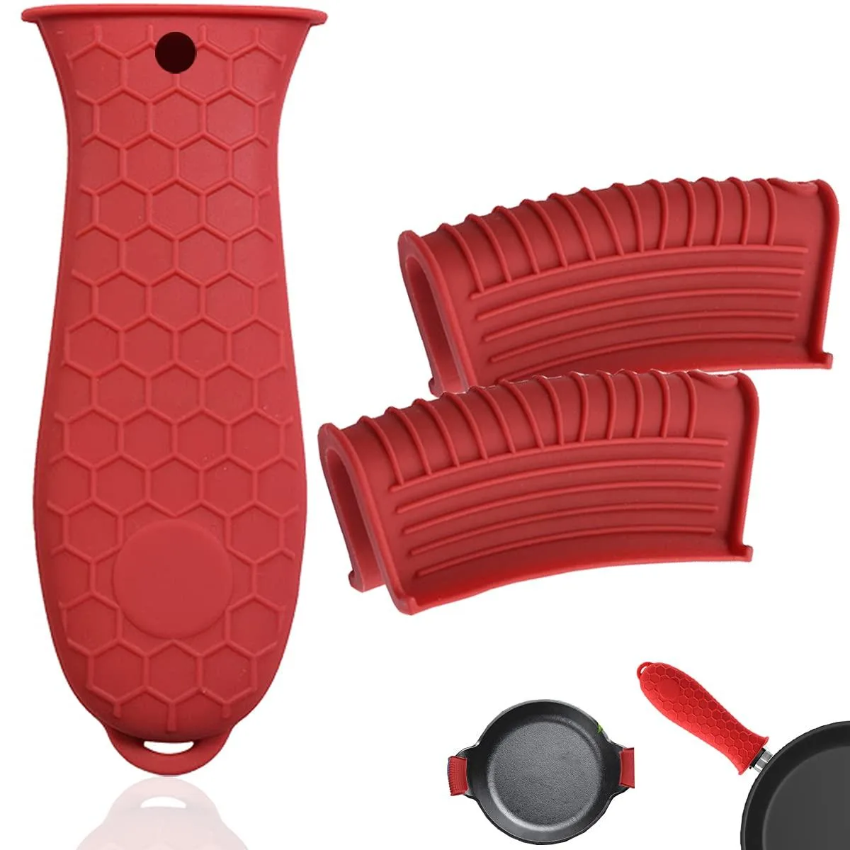 Three red silicone handle sleeves with textured grip and hanging holes