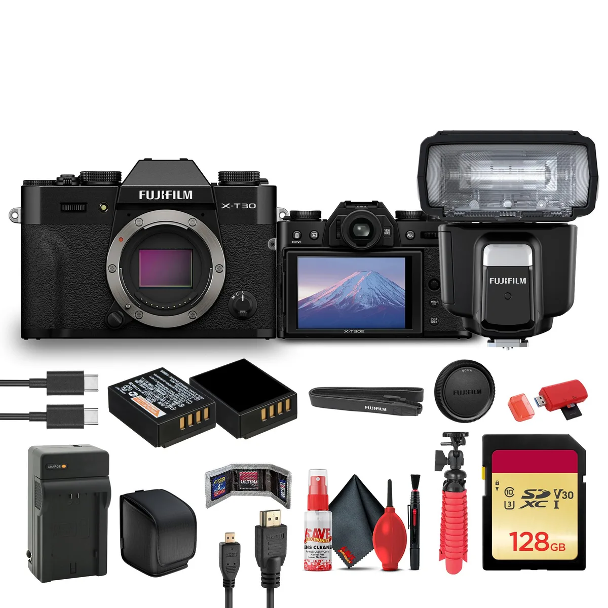 FUJIFILM FUJIFILM X-T30 III Compact Mirrorless Camera Black with EF-60 Flash and Accessories — product photo