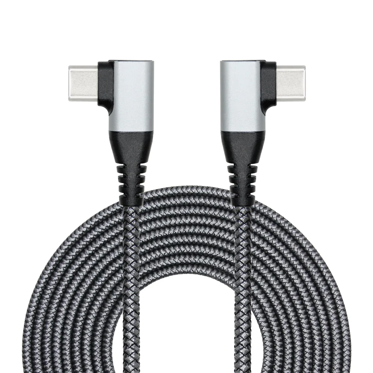 Gray right-angle USB-C to USB-C cable, 3 m, nylon braided, aluminum connectors