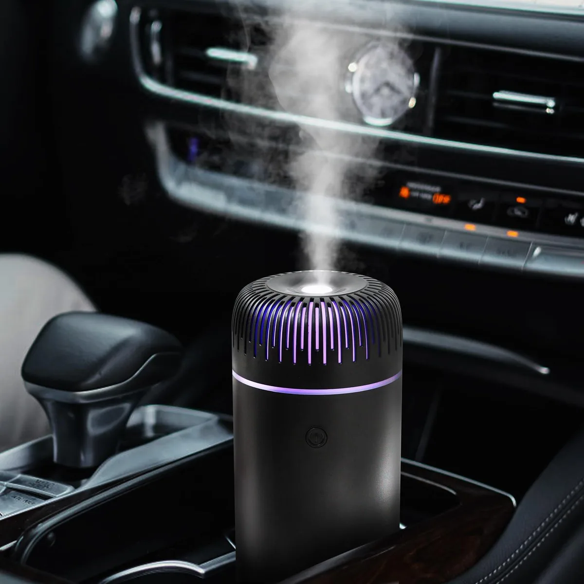Black cylindrical USB humidifier with color-changing LED light, 100 ml water tank