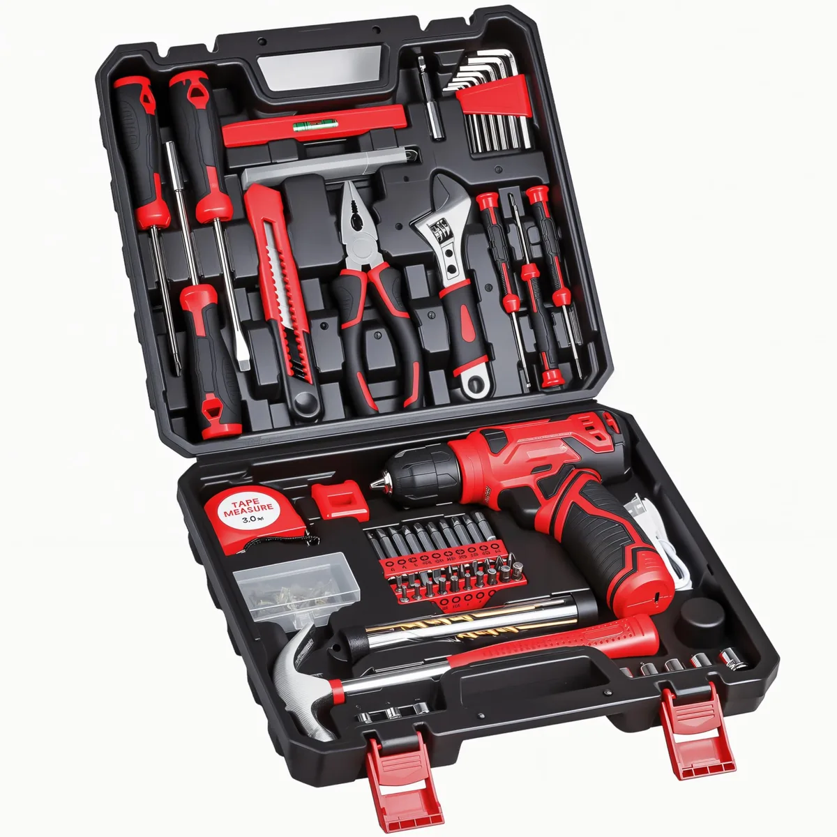 Red cordless drill in a 132-piece tool set case
