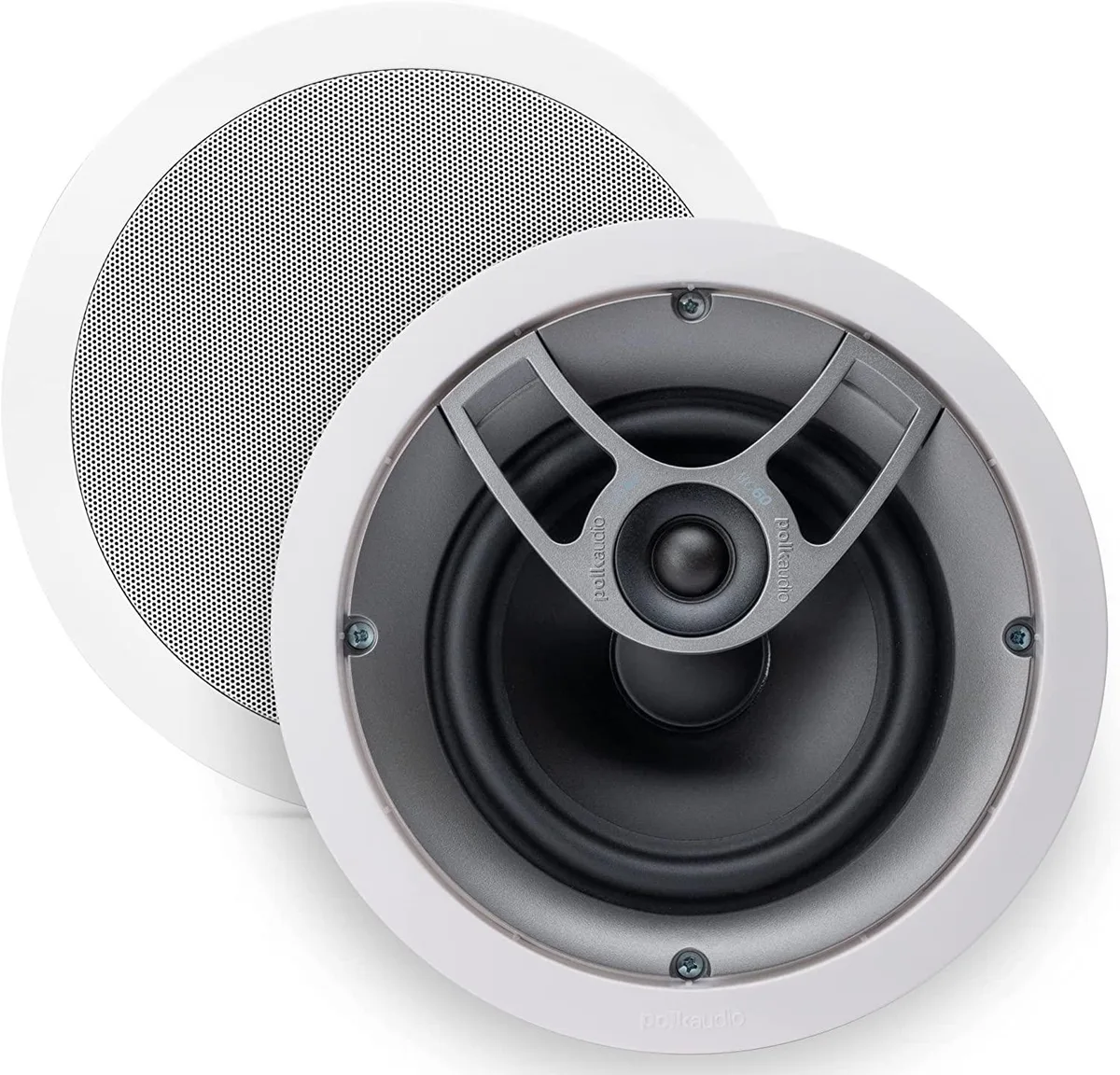 White round in-ceiling speaker with silver driver and black tweeter
