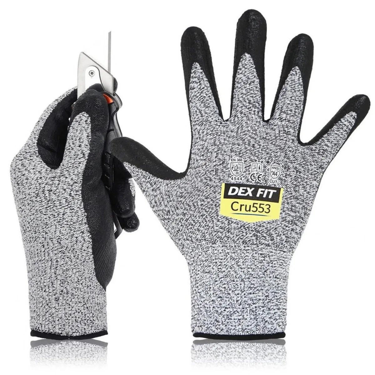Grey cut-resistant gloves with foam nitrile palm coating and elastic cuffs