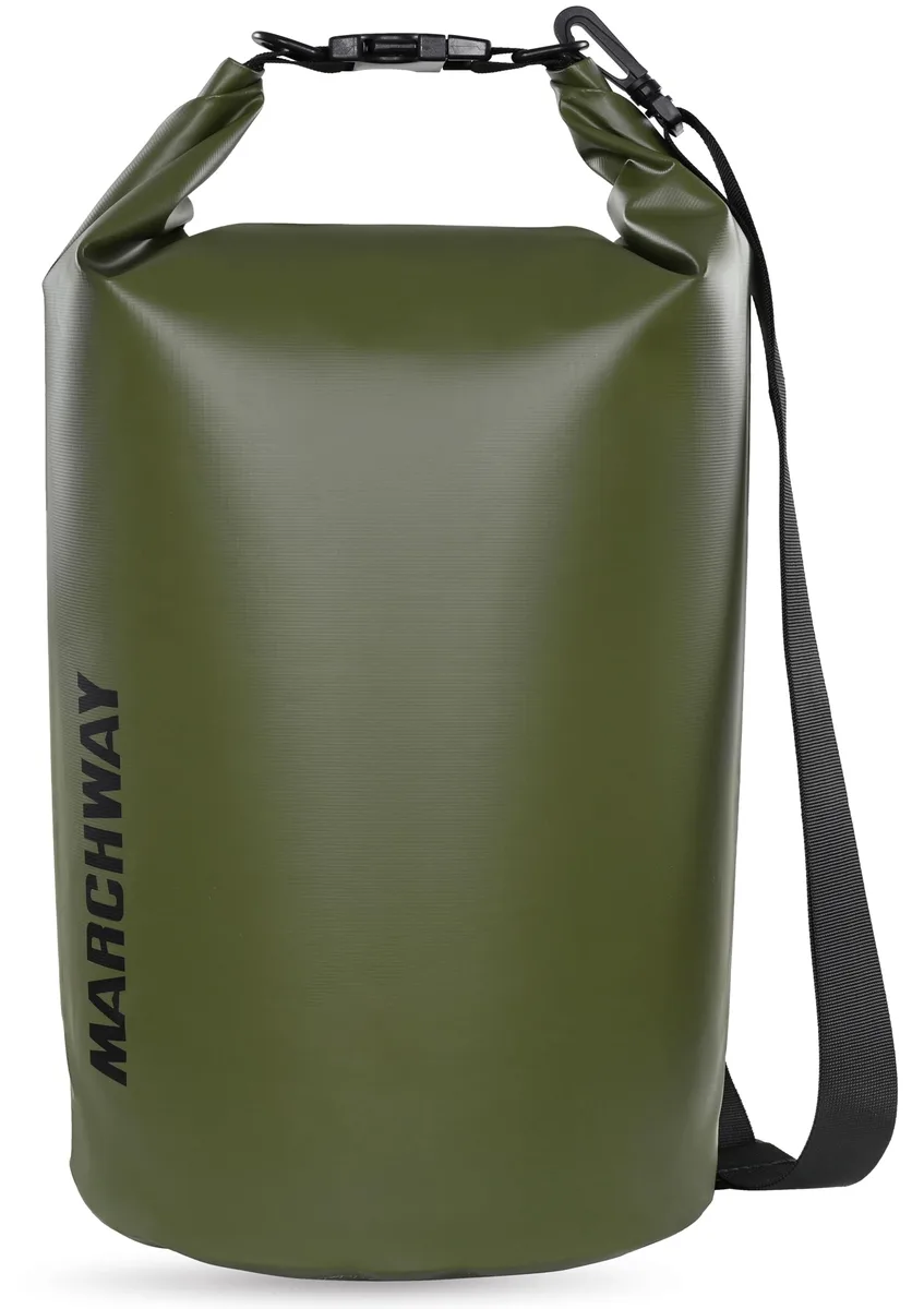 Green 5 L PVC dry bag with roll-top closure and buckle, removable shoulder strap, D-ring attachment, army green finish