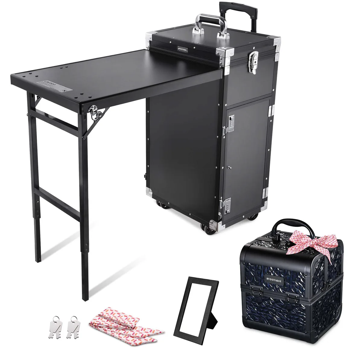 Byootique Byootique 12MKCSET-2728-06SB06 rolling nail table with train case luggage — product photo