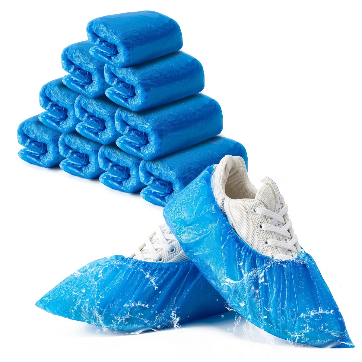 Pack of 110 disposable blue CPE shoe covers with textured non-slip soles, one size fits most