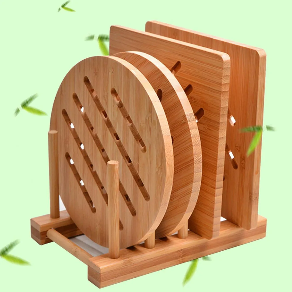Set of four bamboo trivets, two square and two round, with a storage rack