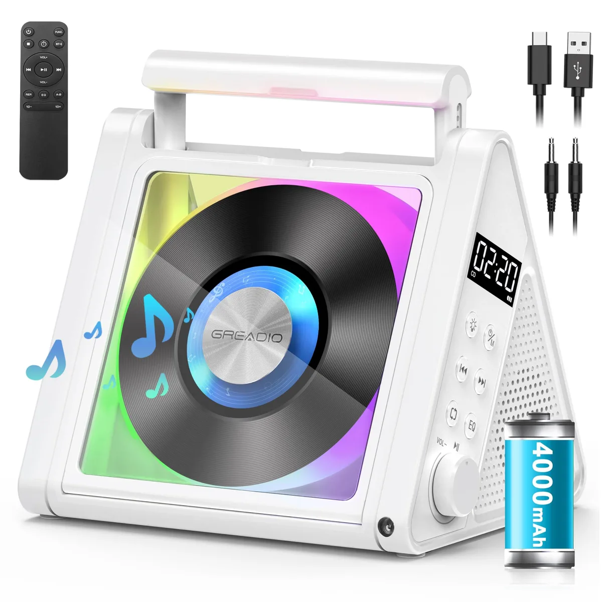  Greadio Portable CD Player White 4000mAh RGB Bluetooth — product photo