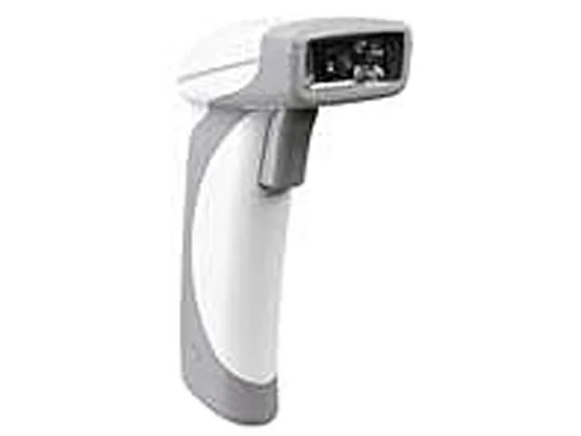 Light gray handheld barcode scanner with 6 ft USB cable and US2 stand