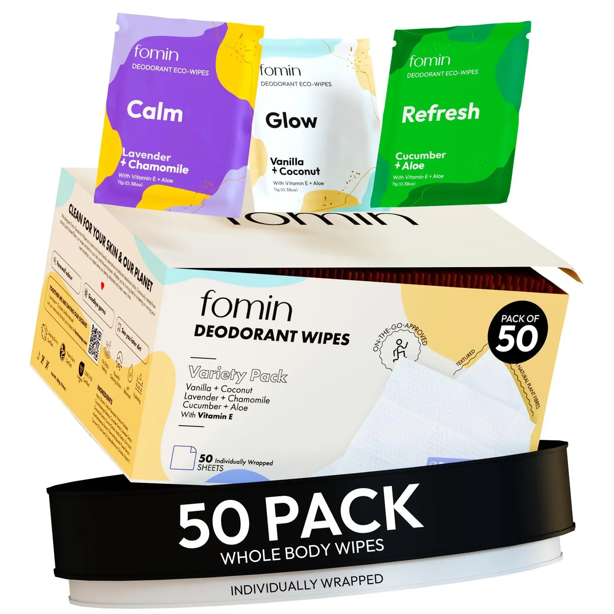 Rectangular cardboard box containing 50 individually wrapped deodorant wipes