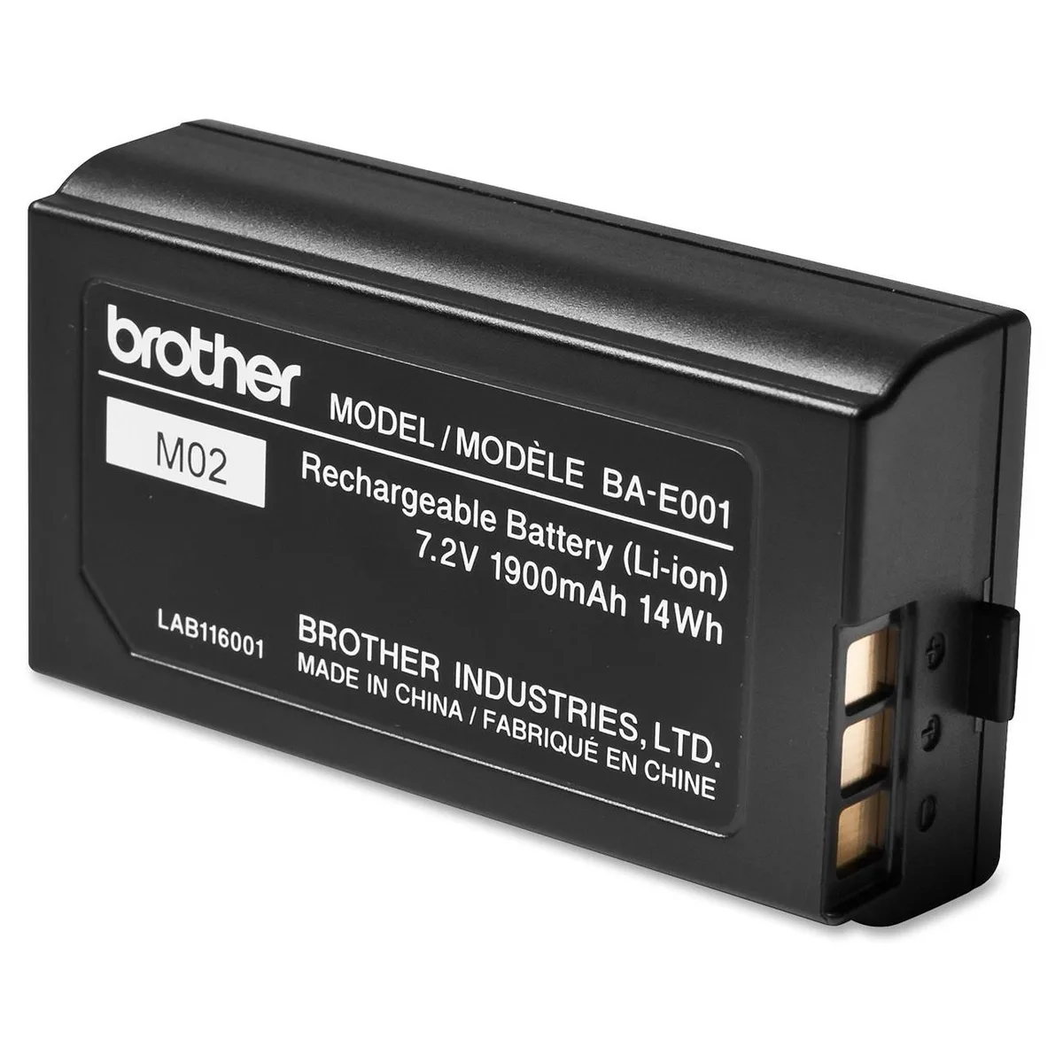 Rectangular lithium-ion battery pack, grey plastic casing, Brother label visible