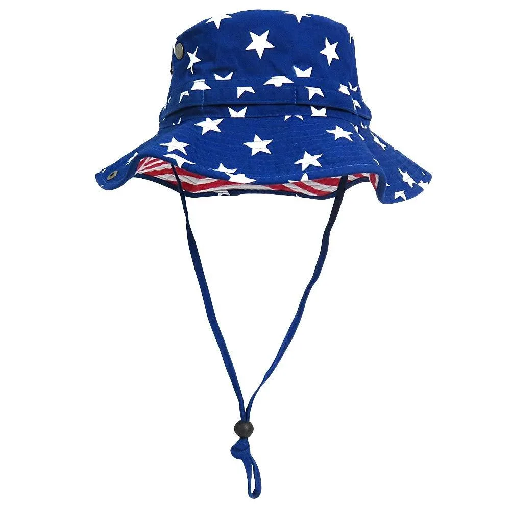Black polyester bucket hat with wide brim, adjustable chin strap and letter pattern