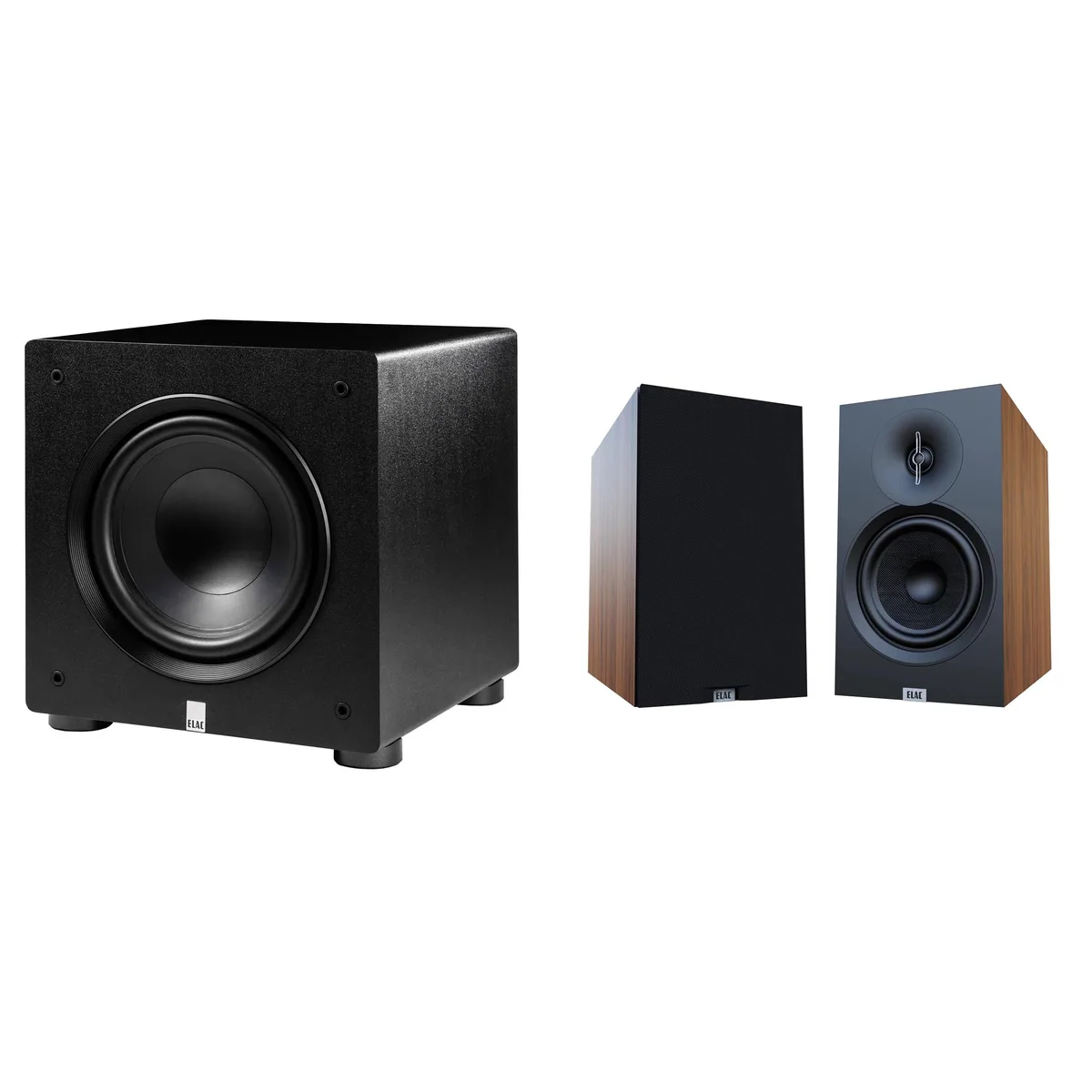 Elac Elac Debut 3.0 Walnut 6.5" Bookshelf Pair + Varro 10" Subwoofer — product photo