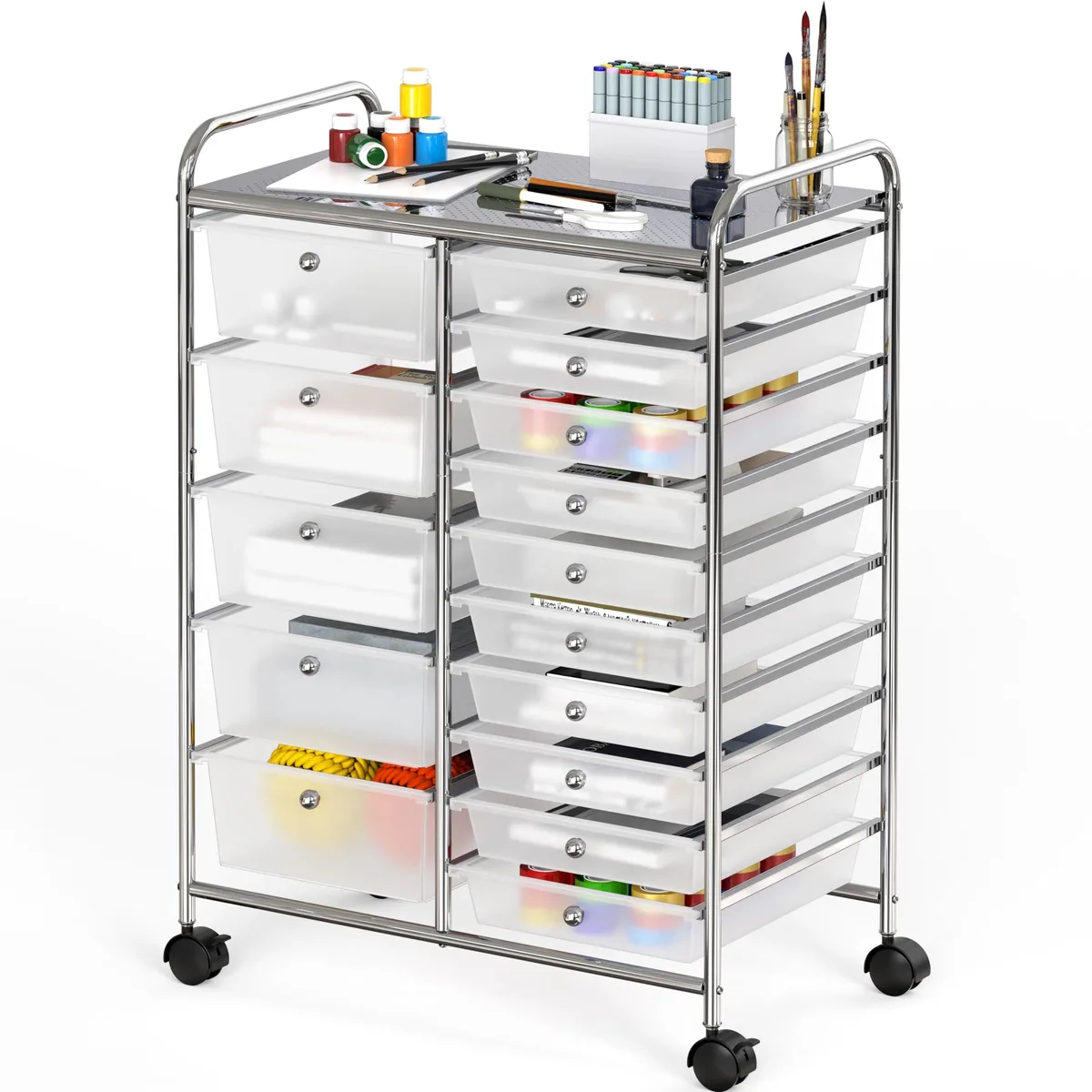 Chrome rolling utility cart with 15 drawers, flat top shelf, four swivel casters
