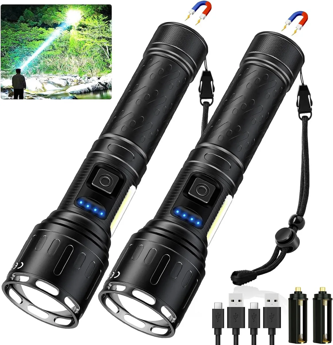 Black cylindrical flashlight with magnetic tail cap and COB side panel