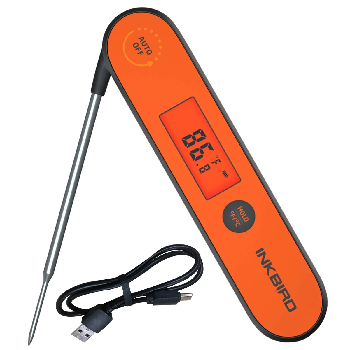 Black digital food thermometer with 180-degree foldaway probe, magnetic back and backlit display