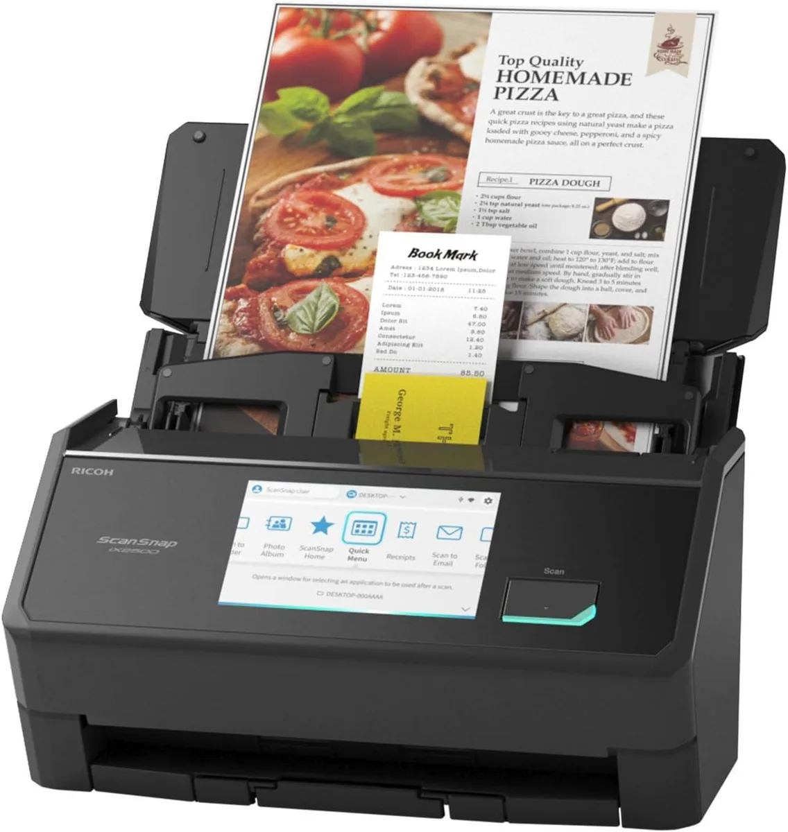 Ricoh ScanSnap iX2500 sheetfed scanner, faceted white body, 5 inch touchscreen, 100 sheet feeder