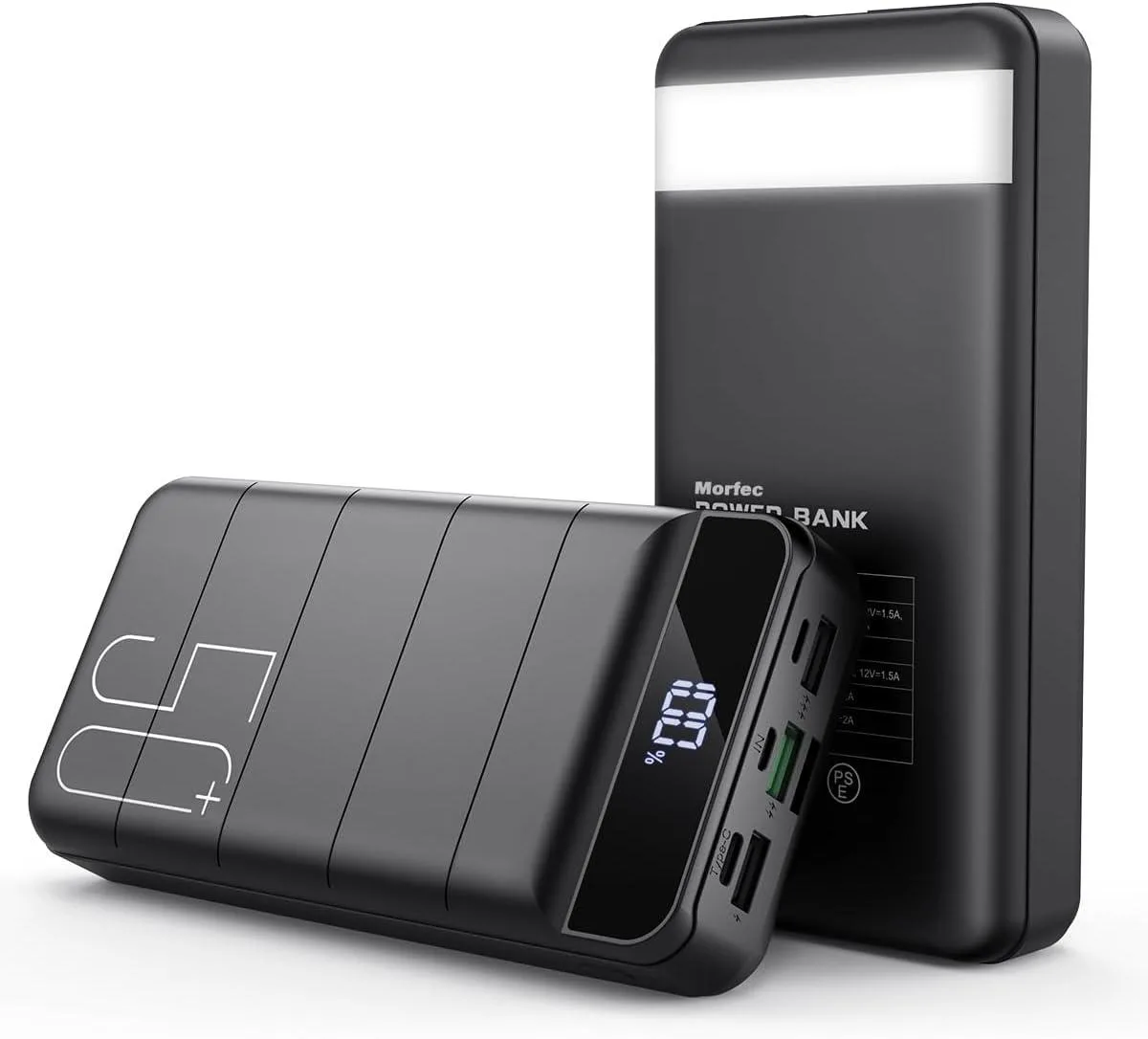 Rectangular black power bank with LED display and multiple ports