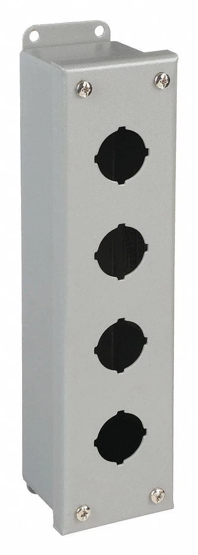 Gray steel pushbutton enclosure, 10.75 in tall, four 30 mm holes