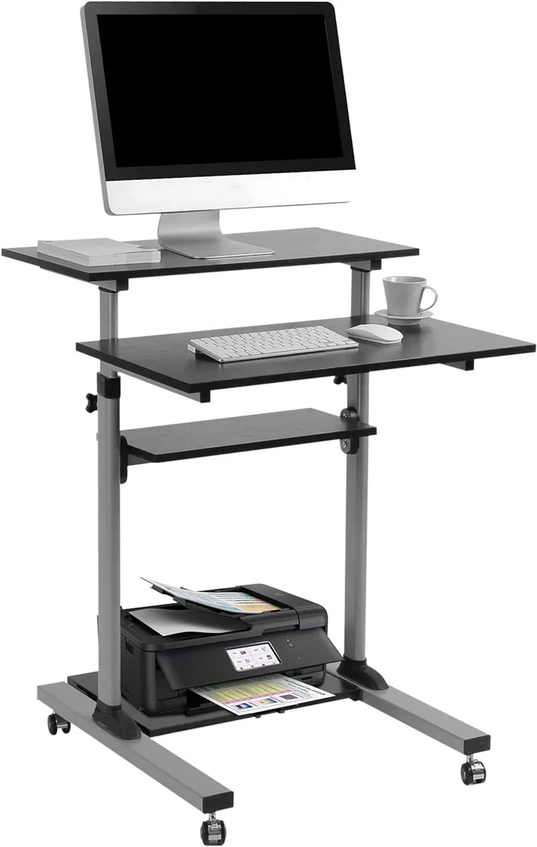 Mobile standing desk with powder-coated steel frame, adjustable top shelf, keyboard tray, two lower shelves
