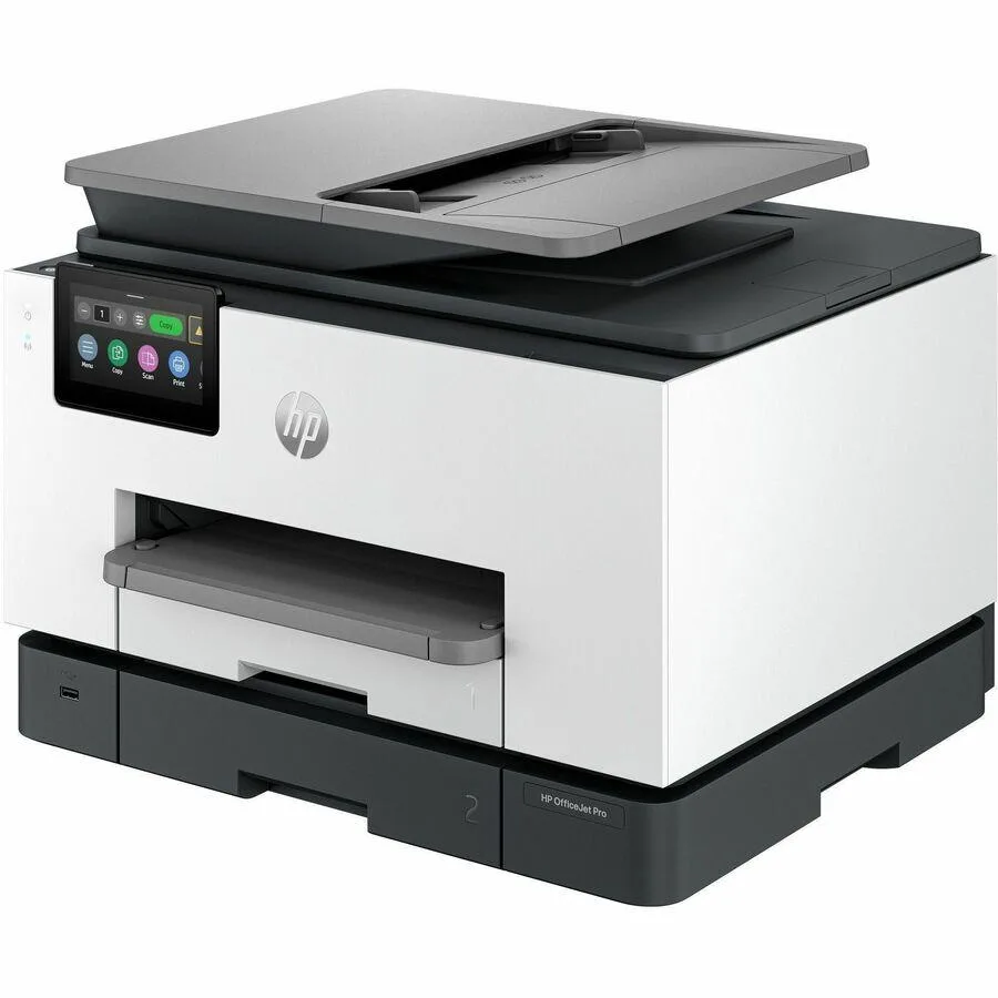 White rectangular all-in-one inkjet printer with flat scanner lid and front output tray