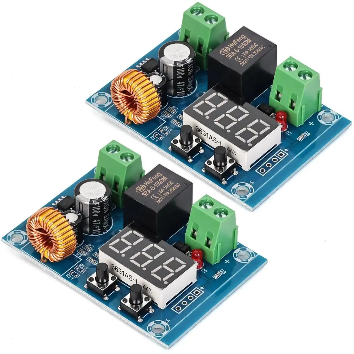 Two small green circuit boards with digital displays and terminal blocks