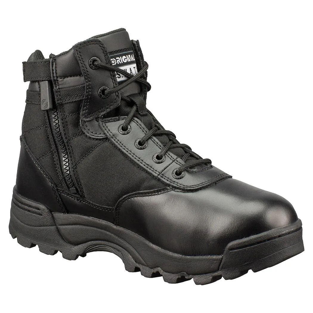 Black leather and nylon tactical boot with side zipper, wide size 14