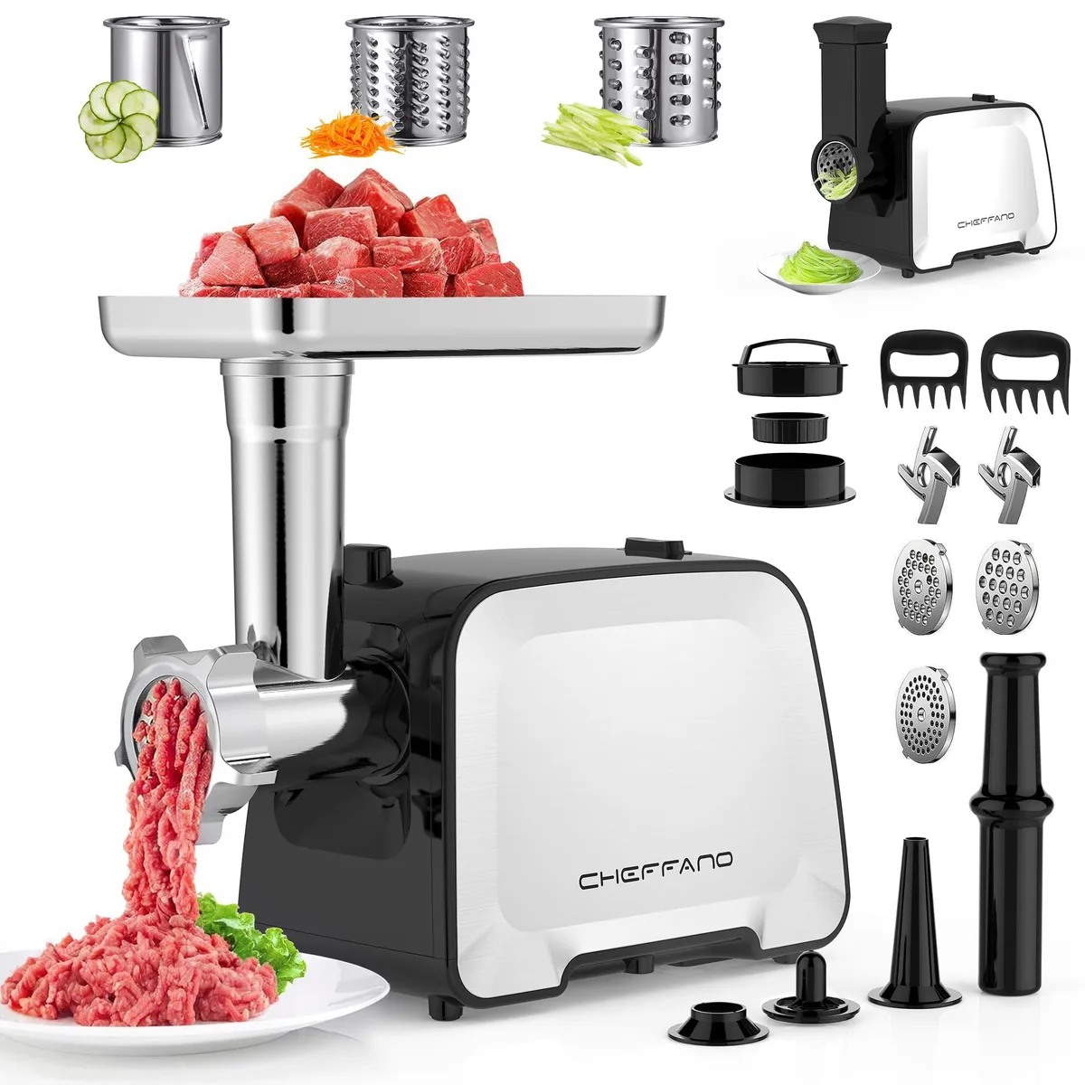White electric meat grinder with accessories, 8.3 pounds