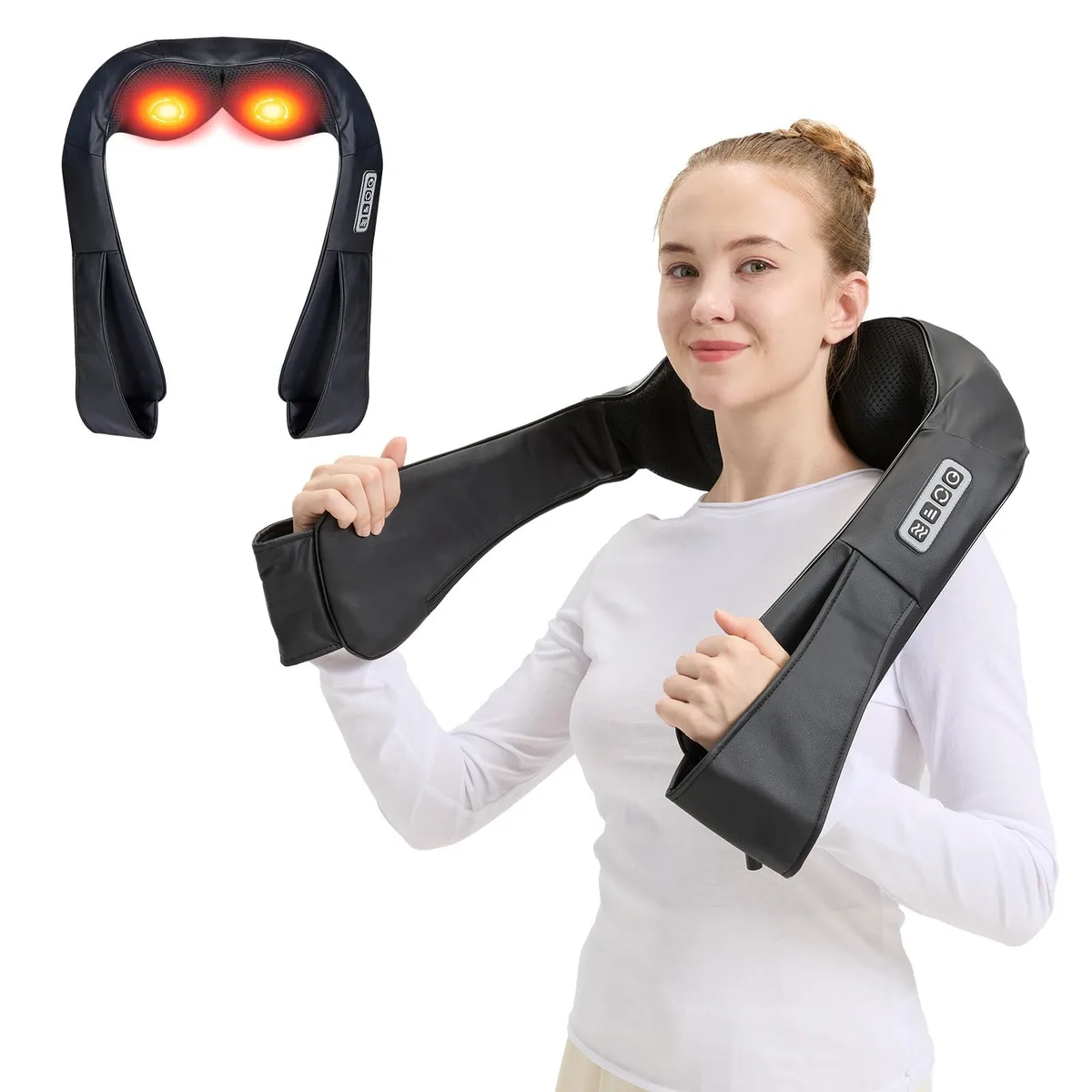Black wrap-around neck massager with faux leather finish and heat function