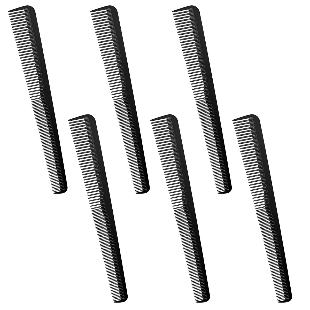 Six black carbon fibre taper combs, slim flat profile, fine and wide teeth visible